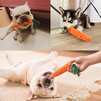 Safe, non-toxic Carrot Knot pet chew toy in a fun carrot shape that encourages healthy chewing habits and mental stimulation.