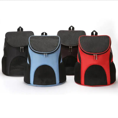 Portable foldable pet mesh carrier backpacks in black, blue, brown, and red for outdoor travel with large capacity.