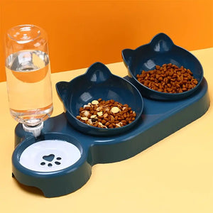 Functional and stylish neck-friendly cat bowl set with triple compartments.