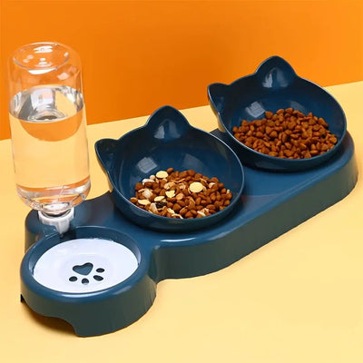 Functional and stylish neck-friendly cat bowl set with triple compartments.