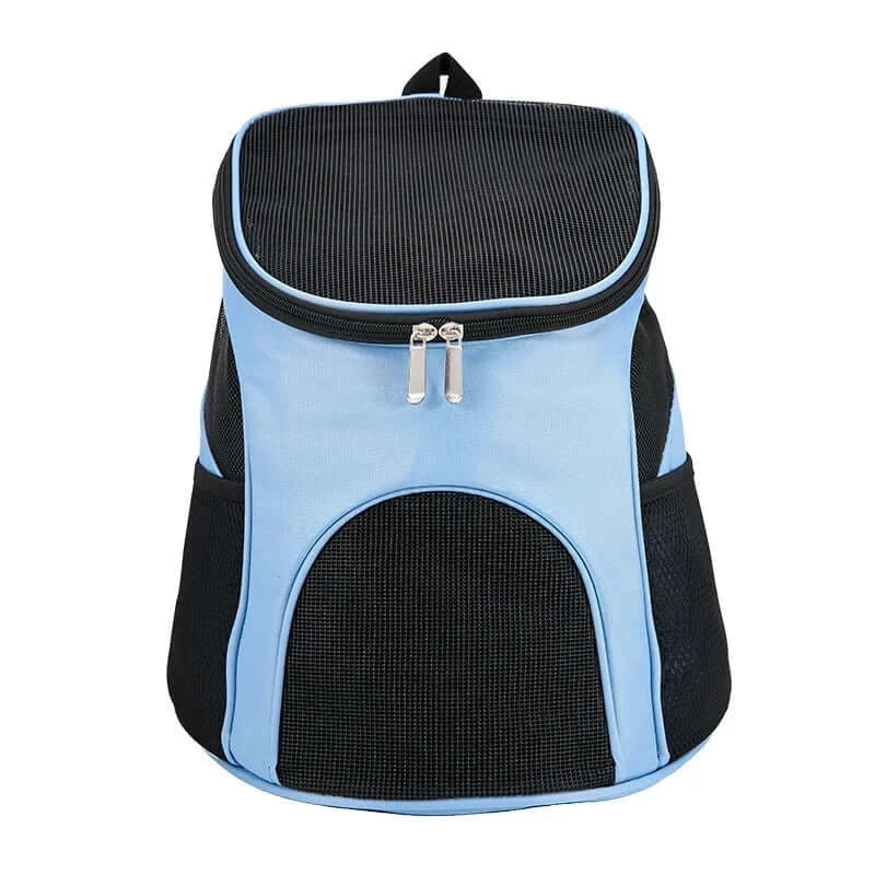 Portable foldable pet mesh carrier backpack in blue and black, designed for comfortable outdoor travel with pets.