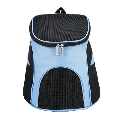 Portable foldable pet mesh carrier backpack in blue and black, designed for comfortable outdoor travel with pets.