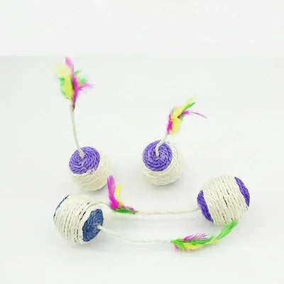Stylish sisal scratch ball with feather designed for claw maintenance and playful engagement.