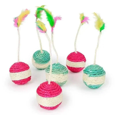 Interactive feathered scratching ball toy for cats made with eco-friendly sisal rope.