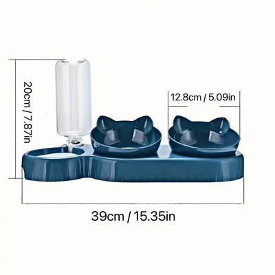 Space-saving cat bowl trio designed for optimal eating posture.