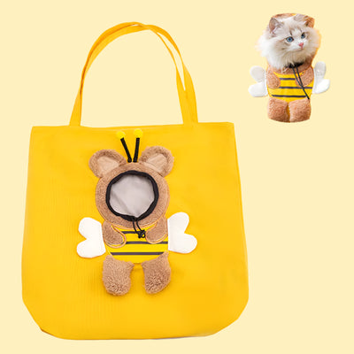 Cute yellow pet handbag with bear design, suitable for 8-16 lb cats and 6-12 lb dogs, ideal for travel.