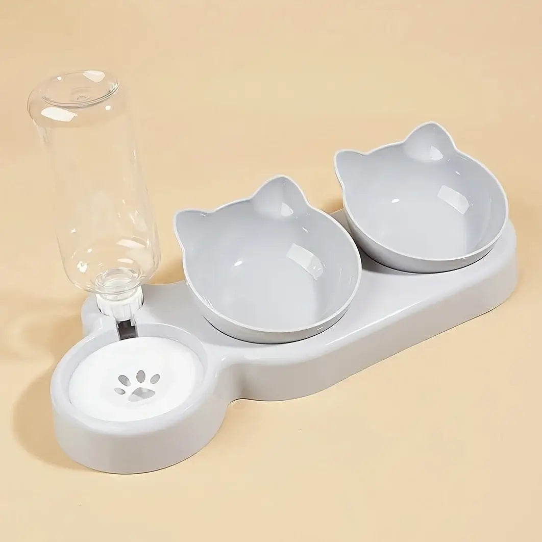 Stylish 3-in-1 cat feeder with water, food, and snack bowls in one set.