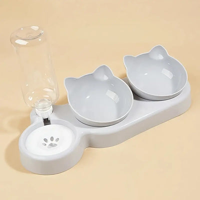 Stylish 3-in-1 cat feeder with water, food, and snack bowls in one set.