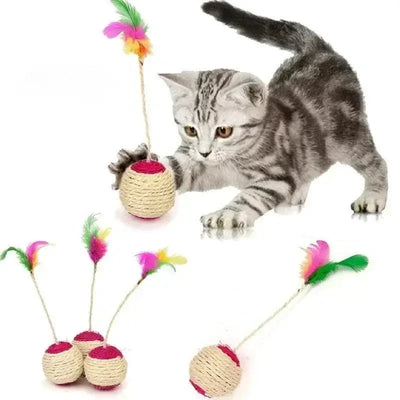 Cat scratch toy featuring a feathered sisal ball on a stand, promoting healthy scratching habits.