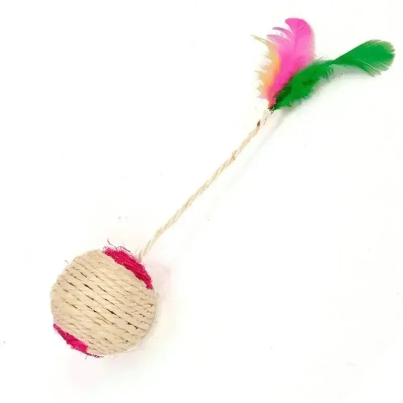 Feather-sisal cat scratching ball with sturdy base for interactive feline play and claw care.