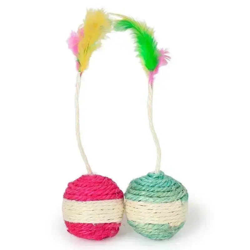 Natural sisal cat toy ball with feather topper, ideal for scratching, chasing, and active play.