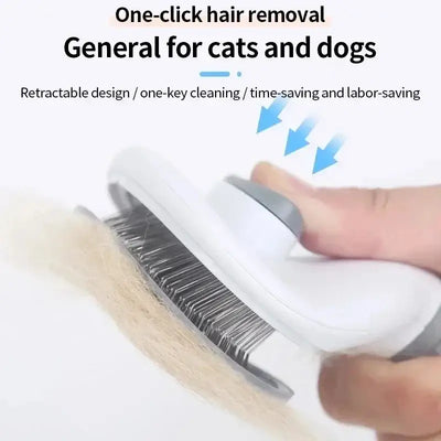 Pet brush with comfort-grip handle and quick hair release button