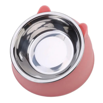 Inclined cat bowl with stainless steel interior, ideal for feeding pets like kittens and puppies. Cute design for easy access.