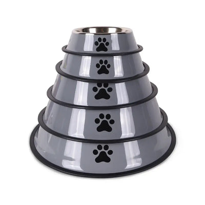 Hygienic stainless steel pet dish with polished finish and skid-proof bottom.