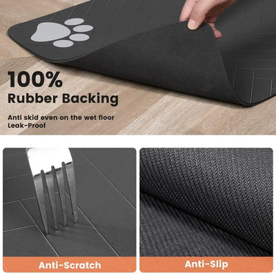 Anti-spill pet feeding mat for dogs and cats, protects hardwood floors.
