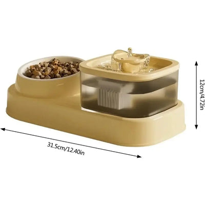 Large dog bowl with water fountain and food compartment for pets, 2-in-1 feeder and waterer in cream color.