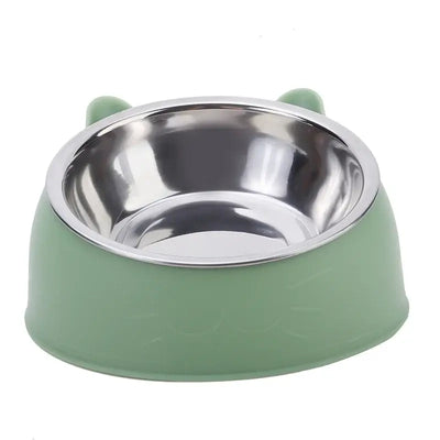 Cute and creative inclined cat bowl with stainless steel interior for feeding kittens and puppies.
