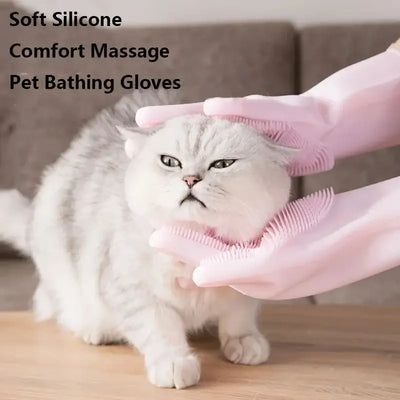 Pet hand glove for gentle hair removal and soothing massage during grooming.