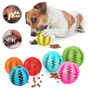 Interactive rubber dog toy balls for chewing, promoting dental hygiene and fun for pets with treat dispensing features.