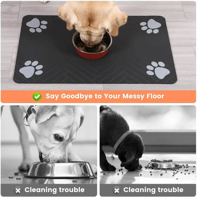 Non-toxic, waterproof mat designed to catch pet food and water mess.