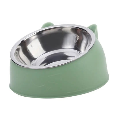 Creative inclined cat and dog feeding bowl with stainless steel insert, perfect for kittens and puppies.