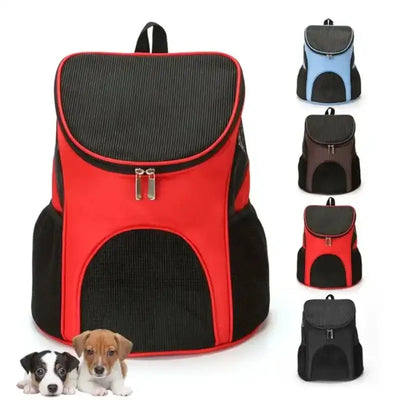 Portable foldable pet mesh carrier backpack in red with ventilation for comfortable outdoor travel for dogs and cats.