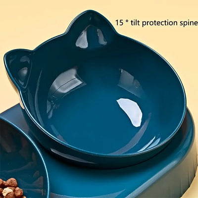 Anti-slip, spill-resistant 3-in-1 cat bowl set with raised base.