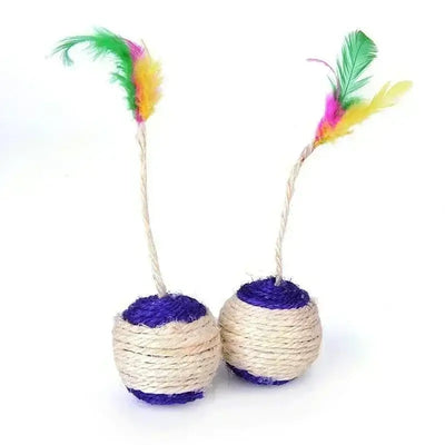 Durable sisal scratch ball with feather accent, perfect for indoor cats to stay active and healthy.