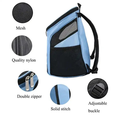 Portable pet carrier features mesh design, quality nylon, double zippers, and adjustable buckle for comfortable travel.