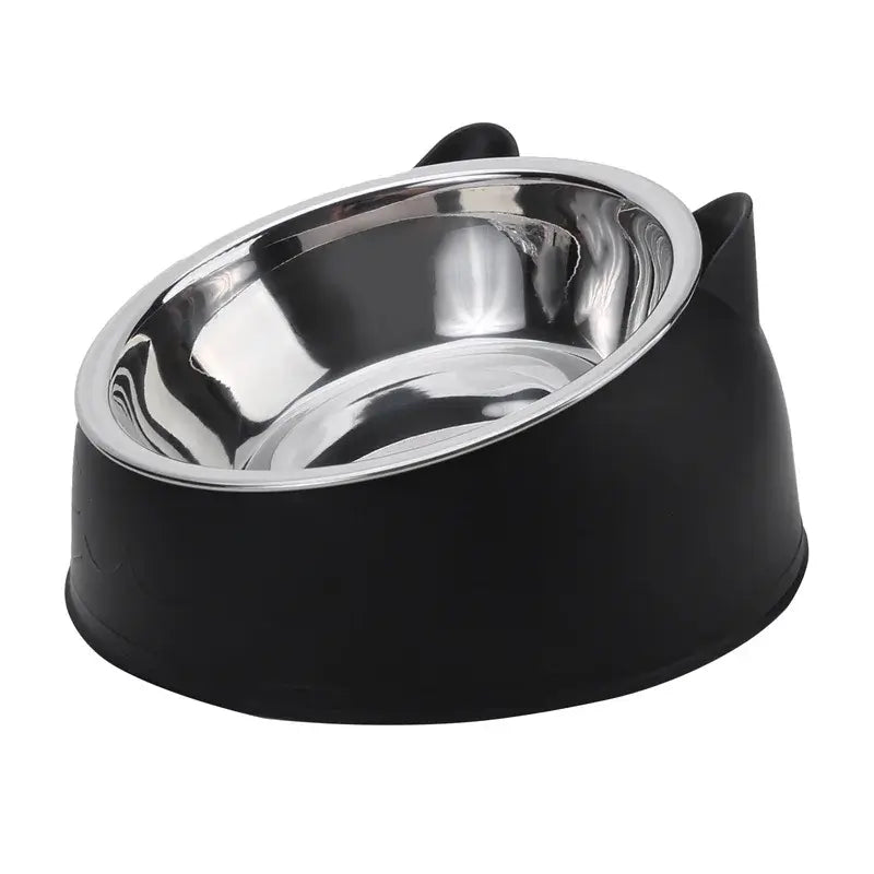 Inclined stainless steel cat bowl for food and water, ideal for kittens and puppies. Stylish and practical pet feeder.