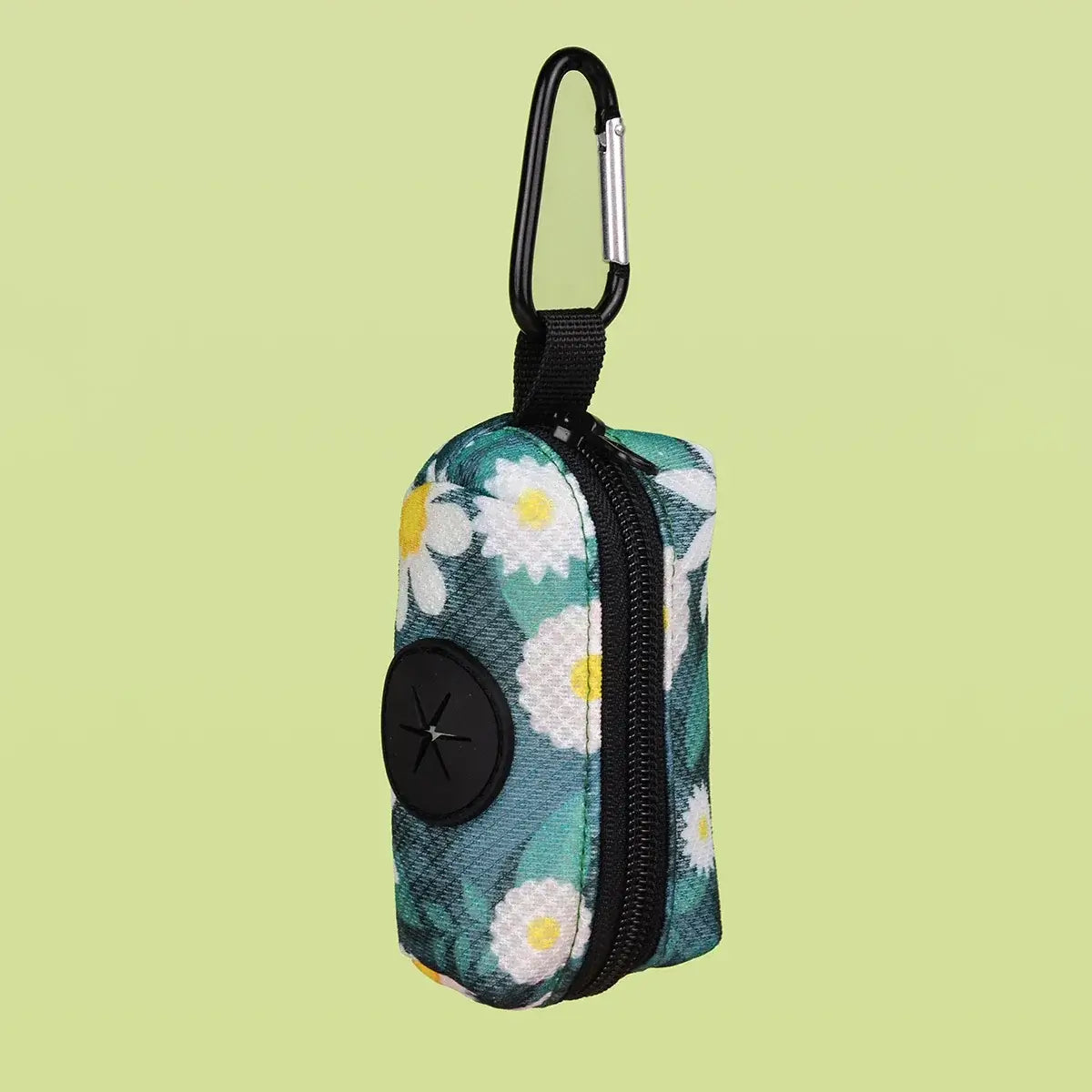 Compact poop bag holder clipped onto a pet backpack