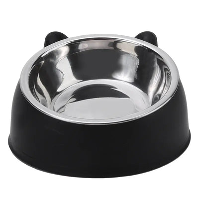 Creative inclined cat bowl with stainless steel inner and cute cat ears design for pet feeding.
