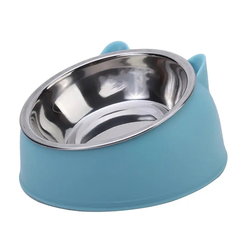 Stylish blue cat bowl with stainless steel interior, ideal for feeding kittens and puppies.