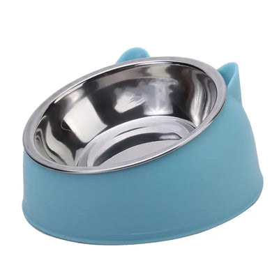Stylish blue cat bowl with stainless steel interior, ideal for feeding kittens and puppies.