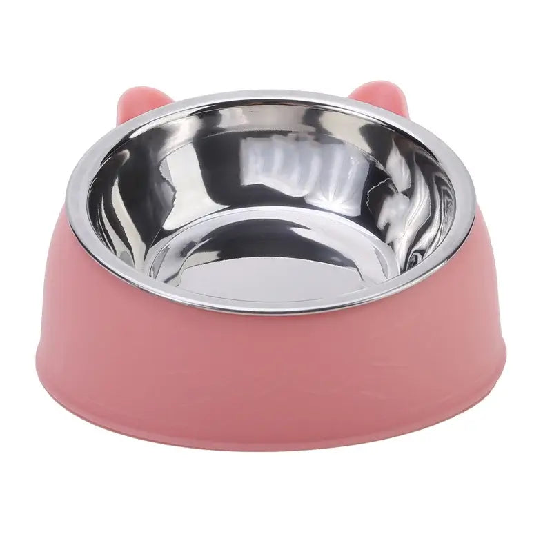 Cute pink inclined cat bowl with stainless steel inner for feeding kittens and puppies, perfect for pets.