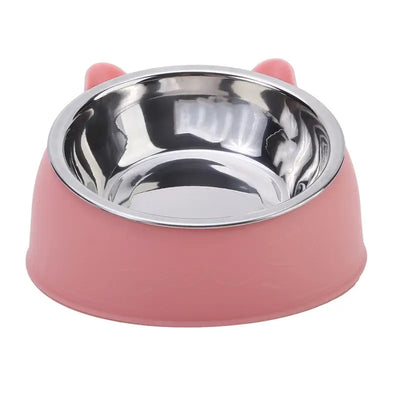 Cute pink inclined cat bowl with stainless steel inner for feeding kittens and puppies, perfect for pets.