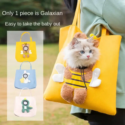 Portable pet cat bag featuring a cute design, ideal for travel with your pet, shown in outdoor setting.