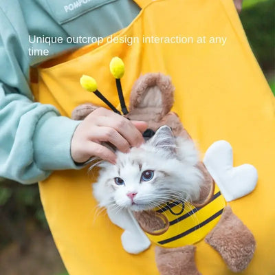 Cute cat in a stylish bee-themed portable backpack for convenient travel and interaction.