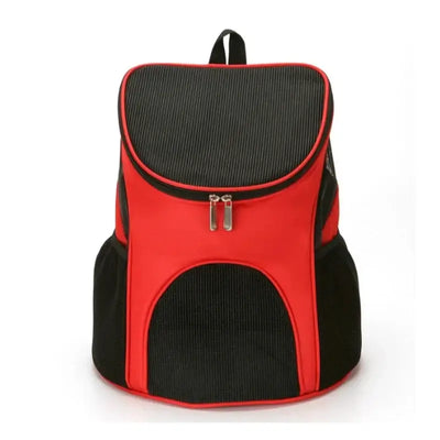 Portable foldable pet mesh carrier backpack in red and black, featuring double zipper and breathable design for pets.