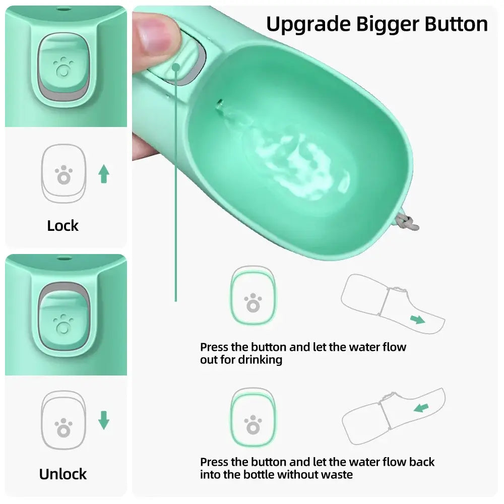 Dog water bottle with one-hand operation and secure lock