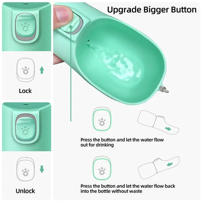 Dog water bottle with one-hand operation and secure lock
