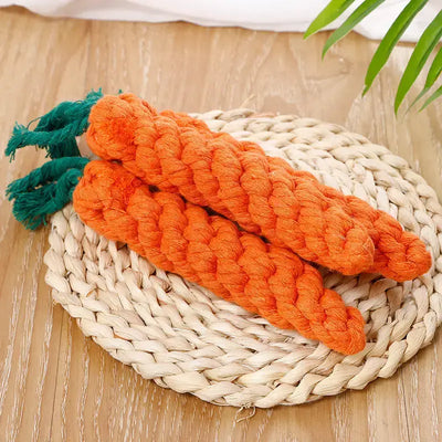 Interactive Carrot Knot chew toy designed to keep dogs engaged, reduce boredom, and support strong, healthy teeth.