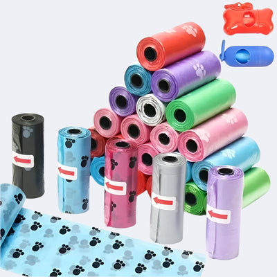 Tear-resistant poop bags with paw prints, ideal for daily dog walking routines.
