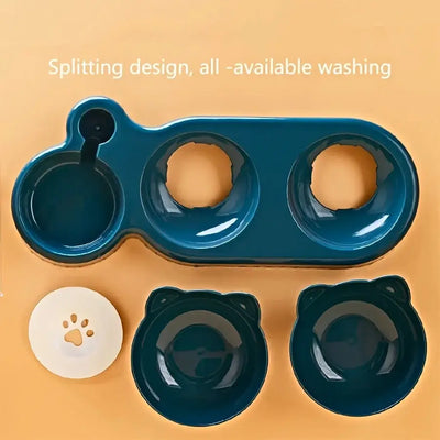 Elevated cat feeding station with three detachable bowls for food and water.